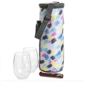 Insulated wine chiller bag two plastic stemless wine glasses corkscrew opener